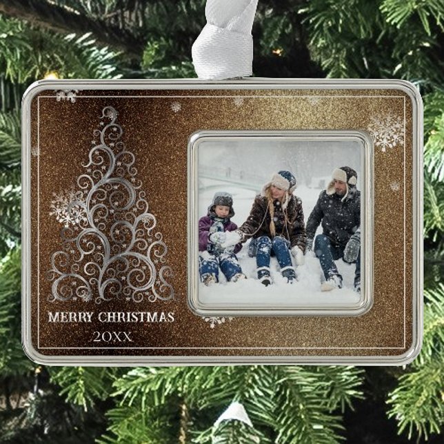 Christmas Tree Glitter and Snowflakes | Gold Silver Plated Framed Ornament (Gold Christmas Tree Glitter and Snowflakes Ornament)