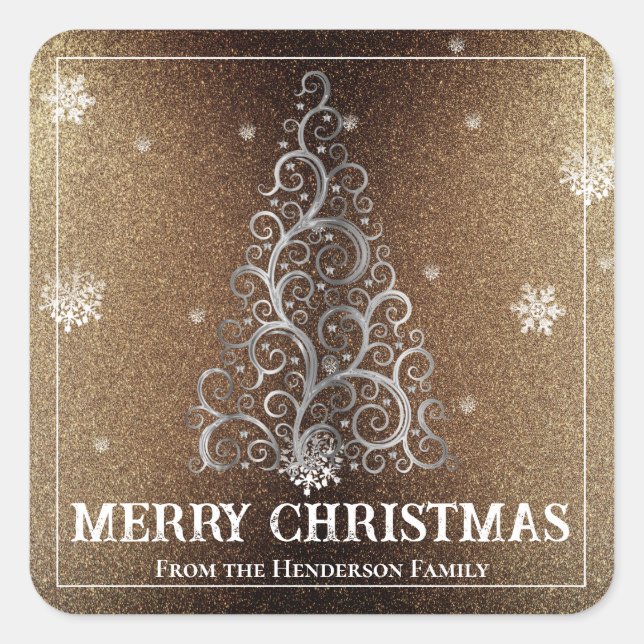 Christmas Tree Glitter and Snowflakes | Gold Square Sticker (Front)