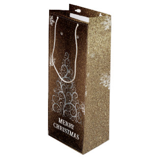Christmas Tree Glitter and Snowflakes | Gold Wine Gift Bag