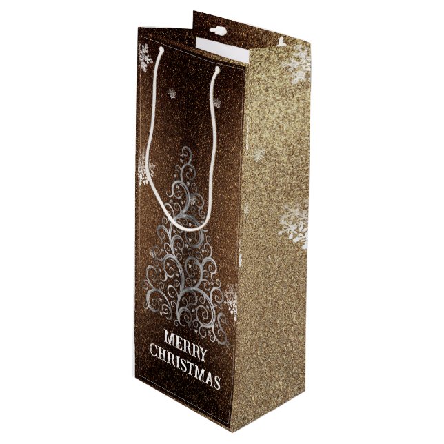 Christmas Tree Glitter and Snowflakes | Gold Wine Gift Bag (Front Angled)