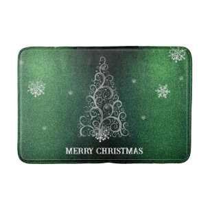 Christmas Tree Glitter and Snowflakes   Green Bath Mat