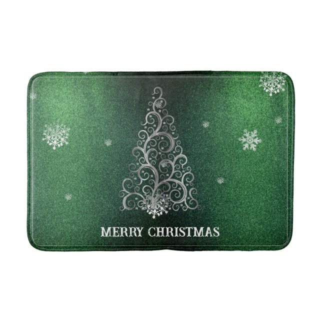 Christmas Tree Glitter and Snowflakes | Green Bath Mat (Front)