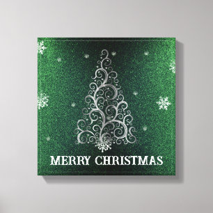 Christmas Tree Glitter and Snowflakes Green Canvas Print