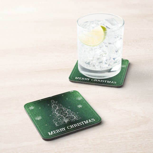 Christmas Tree Glitter and Snowflakes | Green Coaster (Right Side)