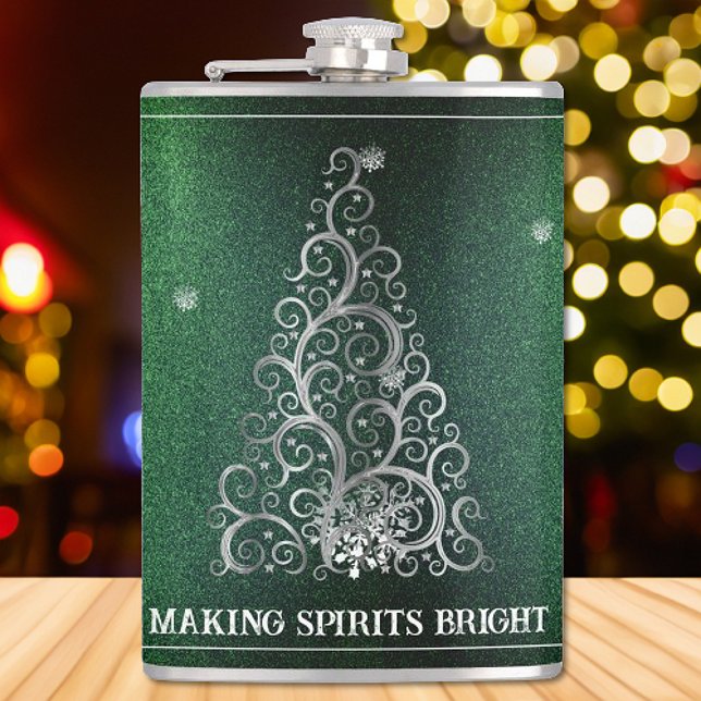 Christmas Tree Glitter and Snowflakes | Green Hip Flask (Green Christmas Tree Glitter and Snowflakes Flask)