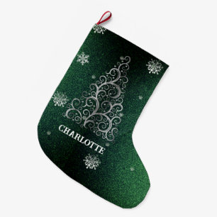 Christmas Tree Glitter and Snowflakes Green Large Christmas Stocking