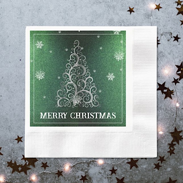 Christmas Tree Glitter and Snowflakes | Green Napkin (Green Christmas Tree Glitter and Snowflakes Napkins)