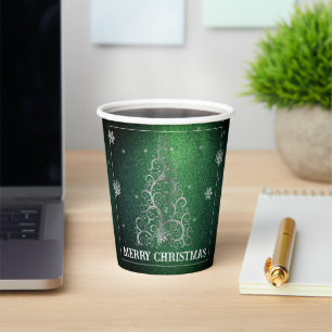Christmas Tree Glitter and Snowflakes Green Paper Cups