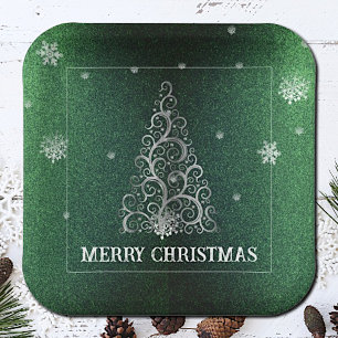 Christmas Tree Glitter and Snowflakes   Green Paper Plate