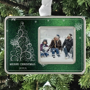 Christmas Tree Glitter and Snowflakes Green Silver Plated Framed Ornament