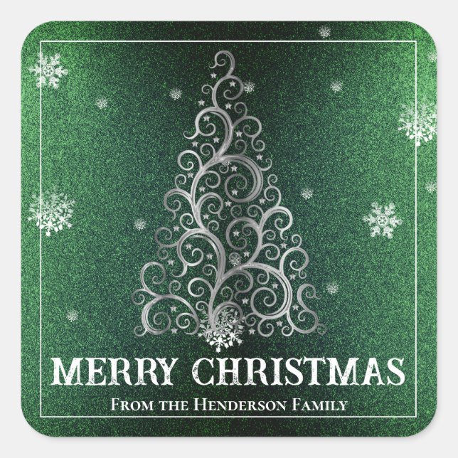 Christmas Tree Glitter and Snowflakes | Green Square Sticker (Front)