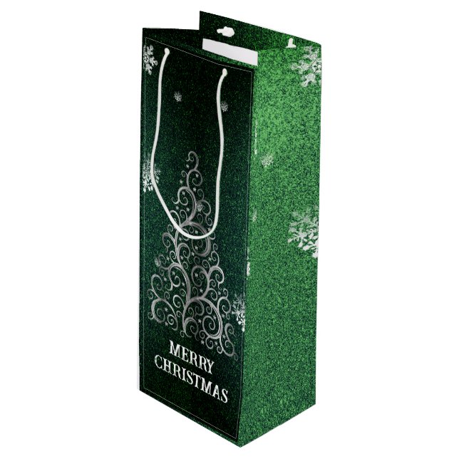 Christmas Tree Glitter and Snowflakes | Green Wine Gift Bag (Front Angled)