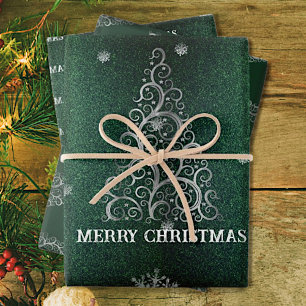 Christmas Tree Glitter and Snowflakes   Green Wrapping Paper Sheet