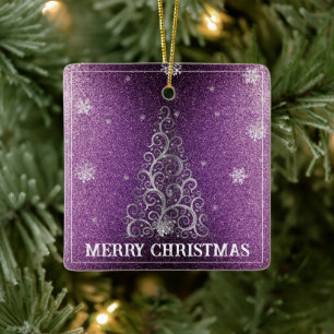 Christmas Tree Glitter and Snowflakes Magenta Ceramic Ornament
