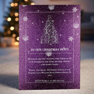 Christmas Tree Glitter and Snowflakes Magenta Invitation