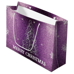 Christmas Tree Glitter and Snowflakes   Magenta Large Gift Bag