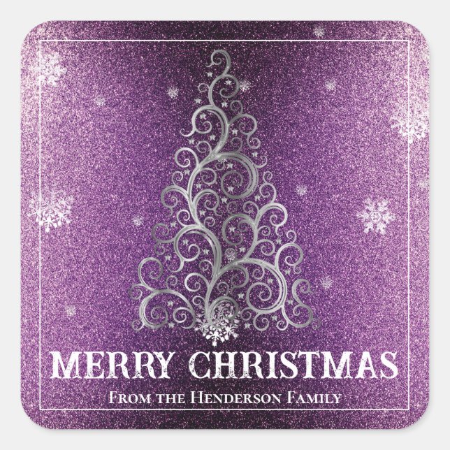 Christmas Tree Glitter and Snowflakes | Magenta Square Sticker (Front)