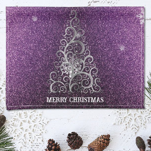 Christmas Tree Glitter and Snowflakes Magenta Tea Towel
