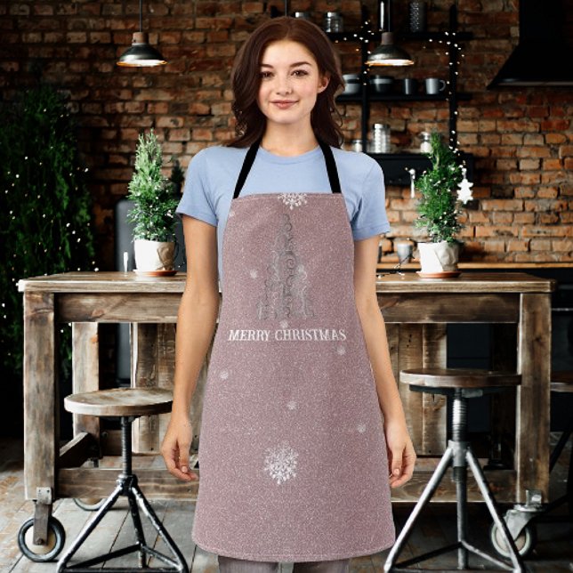 Christmas Tree Glitter and Snowflakes | Pink Apron (Pink Christmas Tree Glitter and Snowflakes Apron)