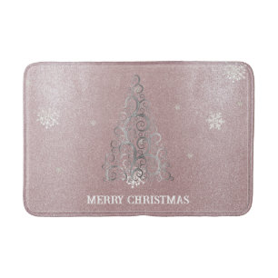 Christmas Tree Glitter and Snowflakes   Pink Bath Mat