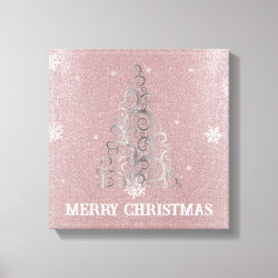 Christmas Tree Glitter and Snowflakes Pink Canvas Print
