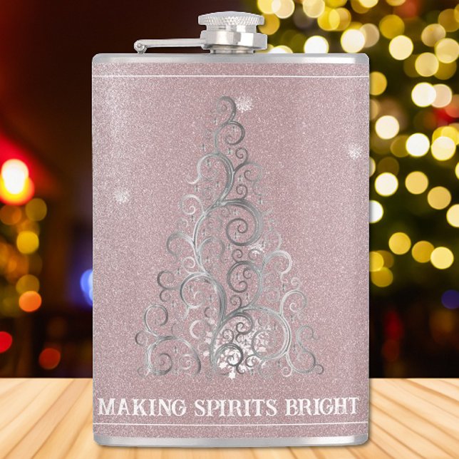 Christmas Tree Glitter and Snowflakes | Pink Hip Flask (Pink Christmas Tree Glitter and Snowflakes Flask)