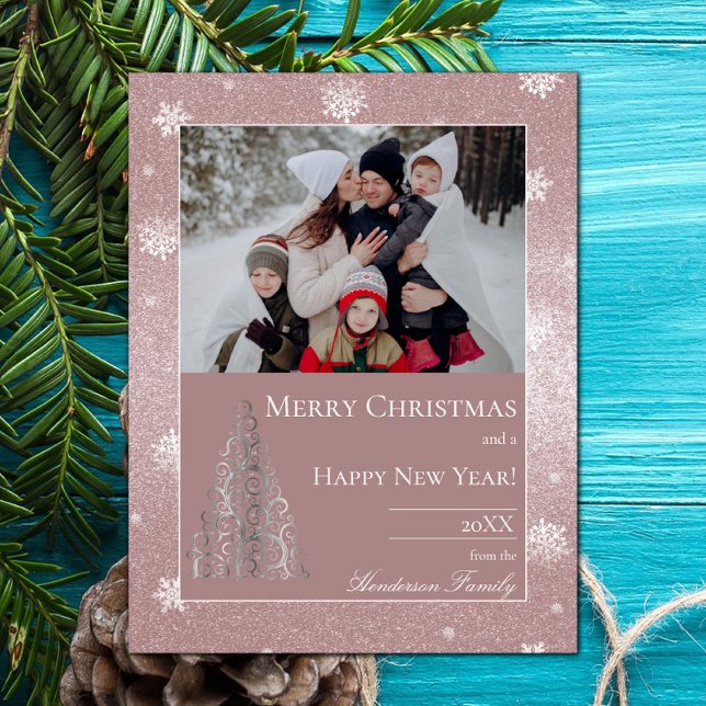 Christmas Tree Glitter and Snowflakes | Pink Holiday Card (Christmas Tree Glitter and Snowflakes Holiday Photo Card - Pink)
