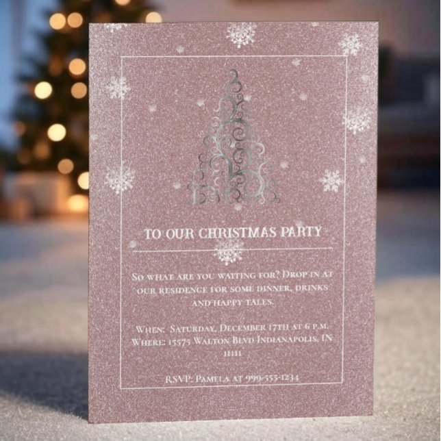 Christmas Tree Glitter and Snowflakes | Pink Invitation (Pink Christmas Tree Glitter and Snowflakes Party Invitation)