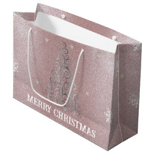 Christmas Tree Glitter and Snowflakes Pink Large Gift Bag