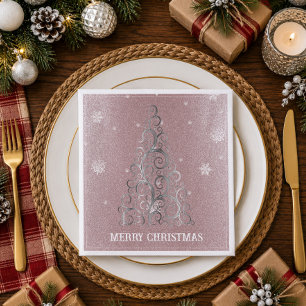 Christmas Tree Glitter and Snowflakes   Pink Napkin