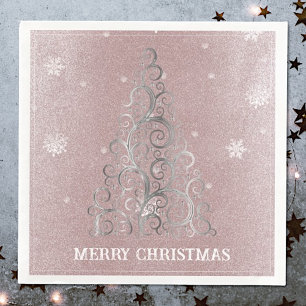 Christmas Tree Glitter and Snowflakes   Pink Napkin