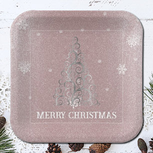 Christmas Tree Glitter and Snowflakes Pink Paper Plate