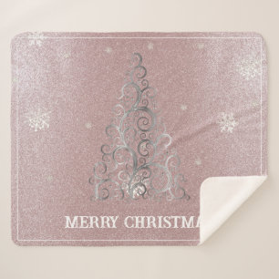 Christmas Tree Glitter and Snowflakes Pink Sherpa Blanket