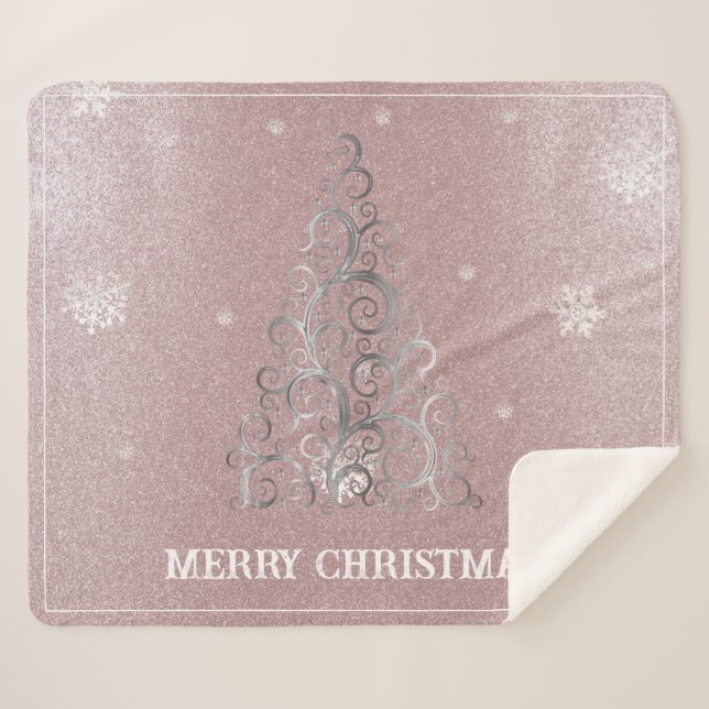 Christmas Tree Glitter and Snowflakes | Pink Sherpa Blanket (Front (Horizontal))