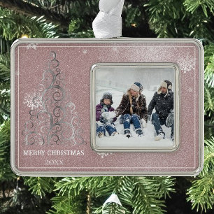 Christmas Tree Glitter and Snowflakes Pink Silver Plated Framed Ornament