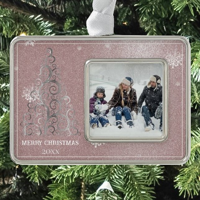 Christmas Tree Glitter and Snowflakes | Pink Silver Plated Framed Ornament (Pink Christmas Tree Glitter and Snowflakes Ornament)