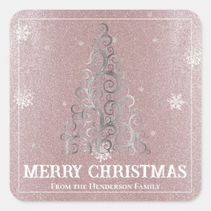 Christmas Tree Glitter and Snowflakes   Pink Square Sticker
