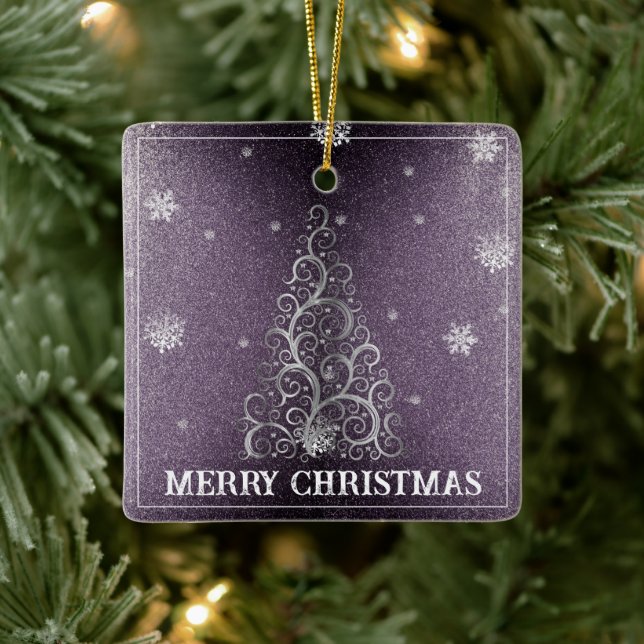 Christmas Tree Glitter and Snowflakes | Purple Ceramic Ornament (Tree)