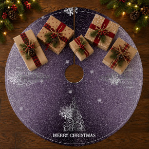 Christmas Tree Glitter and Snowflakes   Purple Fleece Tree Skirt