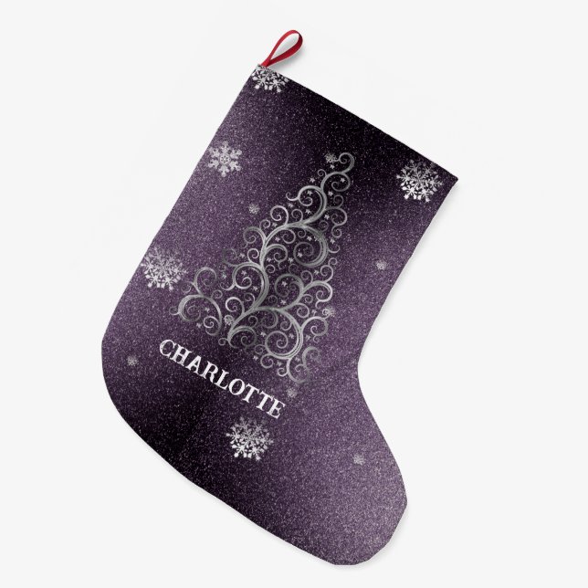 Christmas Tree Glitter and Snowflakes | Purple Large Christmas Stocking (Front (Hanging))