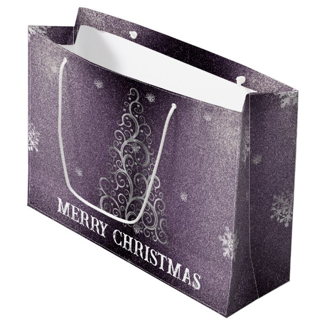 Christmas Tree Glitter and Snowflakes | Purple Large Gift Bag (Front Angled)