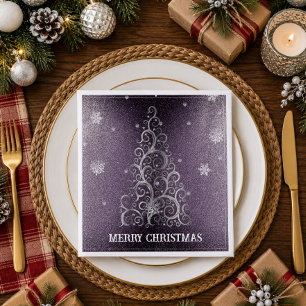 Christmas Tree Glitter and Snowflakes Purple Napkin