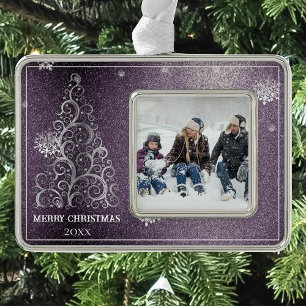 Christmas Tree Glitter and Snowflakes   Purple Silver Plated Framed Ornament