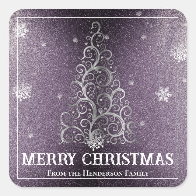 Christmas Tree Glitter and Snowflakes | Purple Square Sticker (Front)