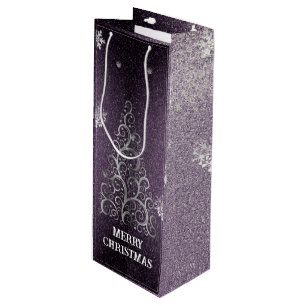 Christmas Tree Glitter and Snowflakes   Purple Wine Gift Bag