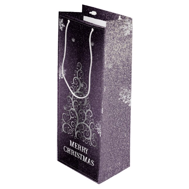 Christmas Tree Glitter and Snowflakes | Purple Wine Gift Bag (Front Angled)