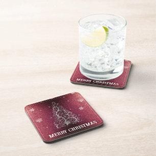 Christmas Tree Glitter and Snowflakes   Red Coaster