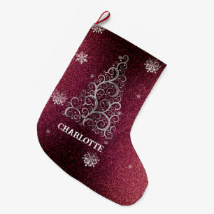 Christmas Tree Glitter and Snowflakes Red Large Christmas Stocking