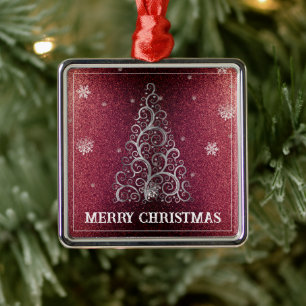 Christmas Tree Glitter and Snowflakes   Red Metal Tree Decoration