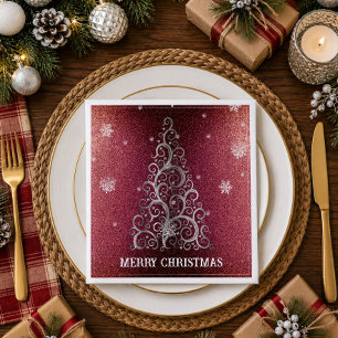 Christmas Tree Glitter and Snowflakes Red Napkin